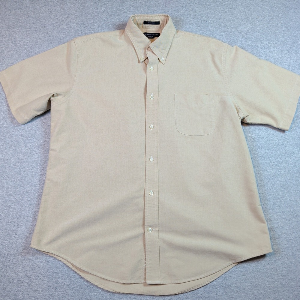 Lands End Hyde Park Mens Large Tan Khaki Short Sleeve Oxford Button Down Shirt
